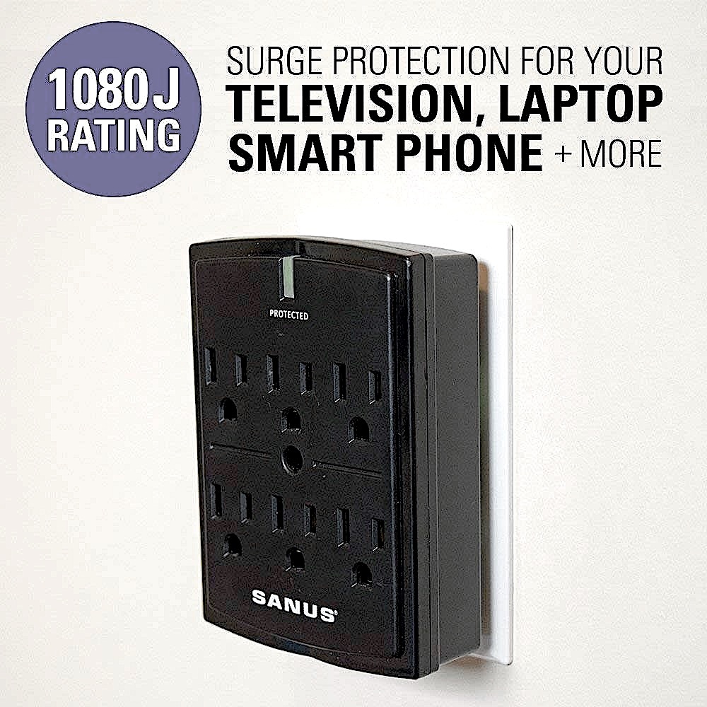 Black On-Wall Low Profile 1080J Fireproof Surge Protector 6 AC Outlets Extender.
